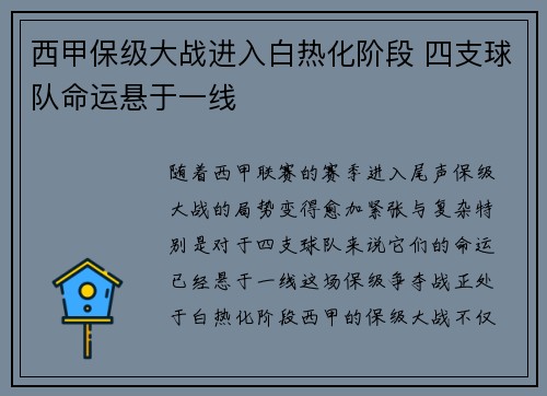 西甲保级大战进入白热化阶段 四支球队命运悬于一线