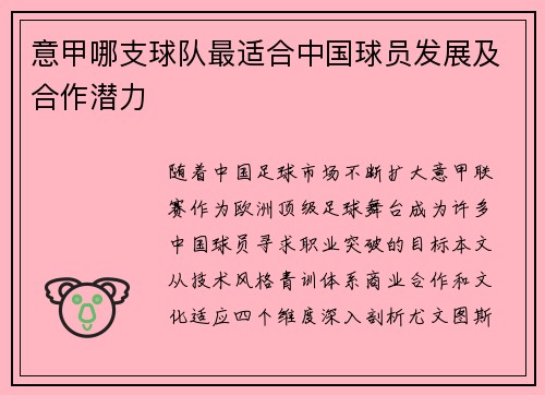 意甲哪支球队最适合中国球员发展及合作潜力